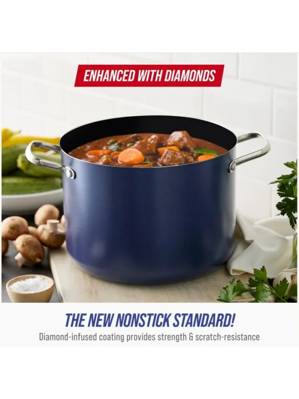 8QT Blue Diamond Ceramic Nonstick Stockpot with Lid - Durable, Easy Clean